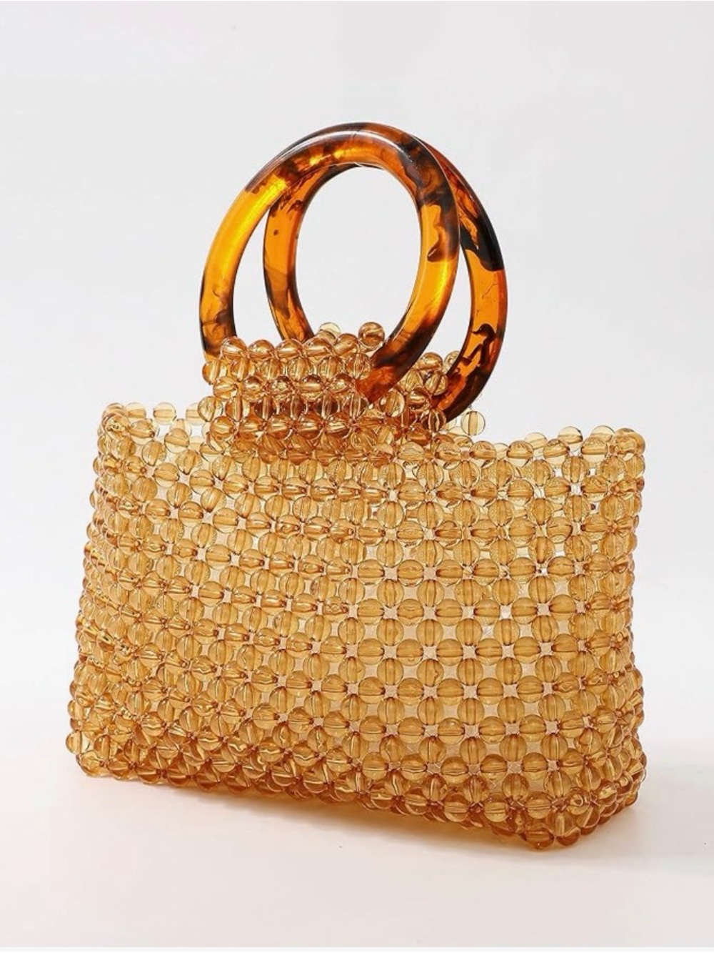 NEW Beaded Amber Color Tote Bag with Tortoiseshell Pattern Handles